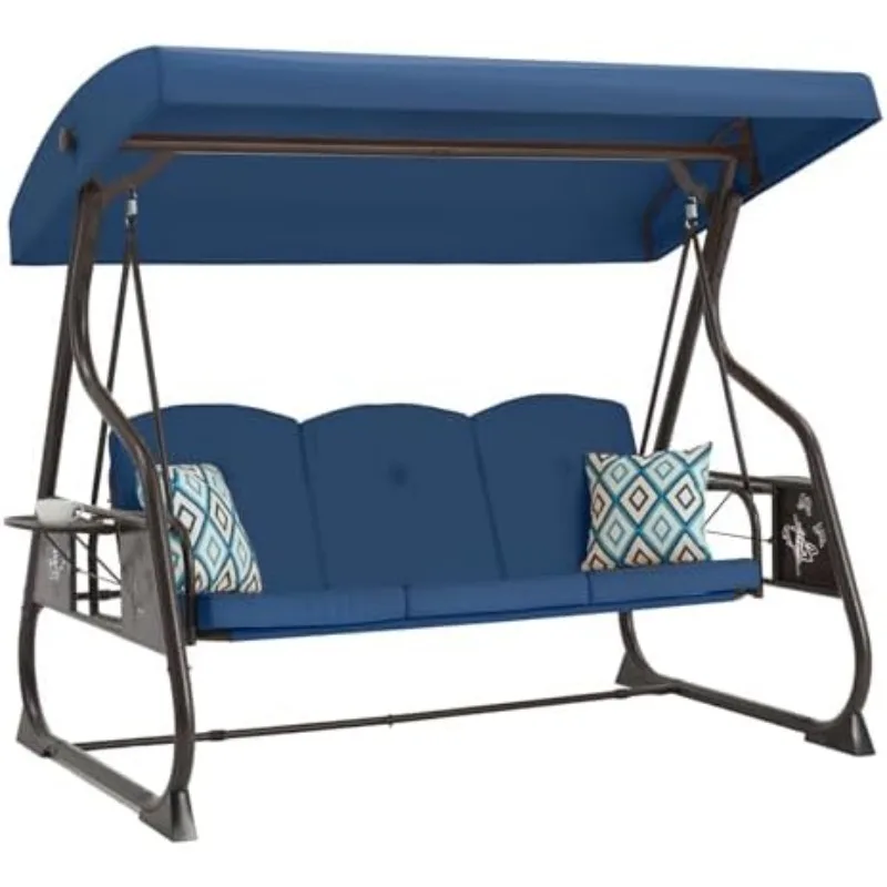 3-Seat Patio Porch Swing 800LBS Outdoor Swing with Stand w/Canopy & Adjustable Backrest Patio Glider Chair w/Removable