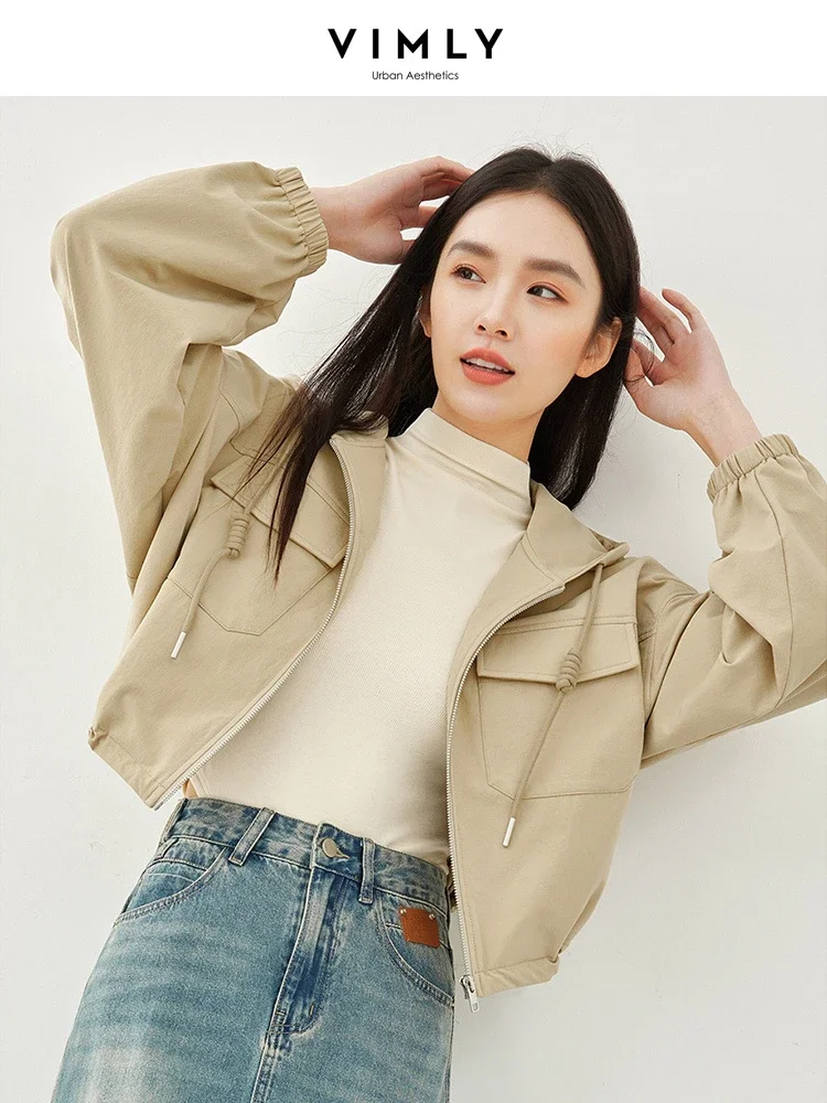 Vimly Khaki Hooded Zipper Cropped Jacket 2023 Autumn Windproof Cargo Coat Women Solid Casual Loose New in Outerwear Female M3993