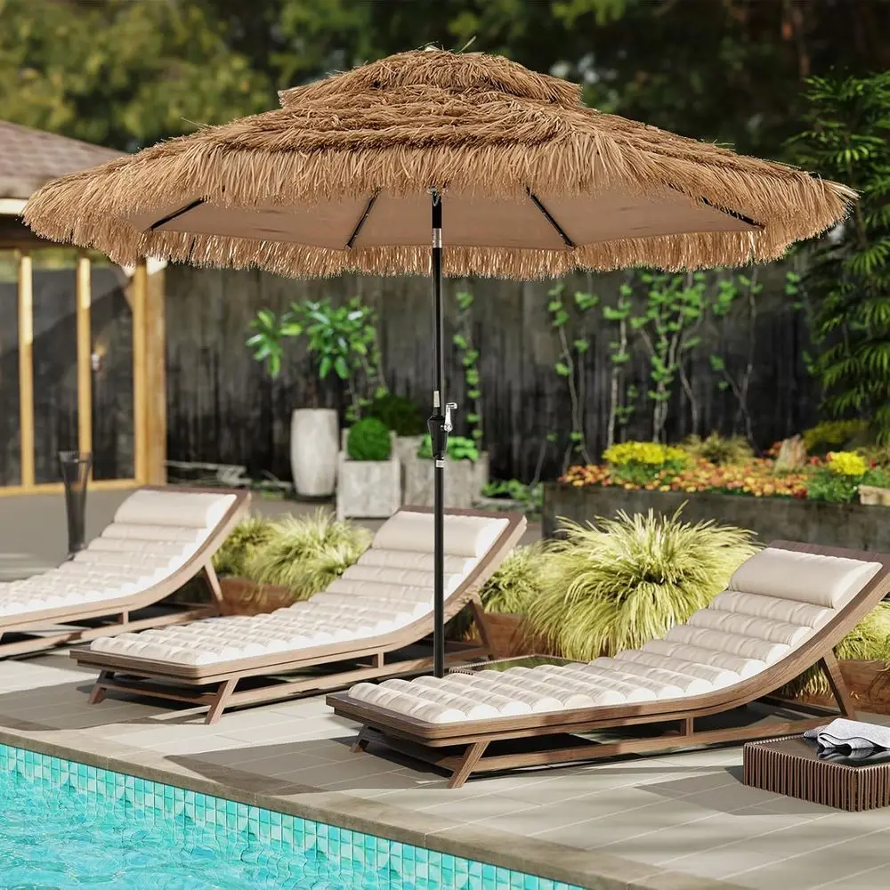 10ft 2-Tier Hawaiian-Style Grass Tiki Umbrella with 32 LED Lights and Center Light, Manual Crank for Outdoor Spaces