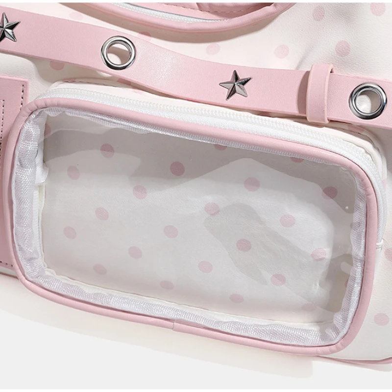 Polka Dot Ita Bag mit transparentem Sichtfenster, Damen-Schultertasche mit Patchwork-Gürtelschnalle, süße, niedliche, lässige Alltagstasche – Detail 2