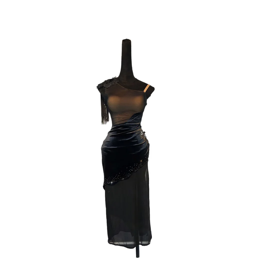 

Latin Dance AB Stone Female Adult Children High end Customized Black Art Exam Flower Dress Black Pool Samba Performance Dress