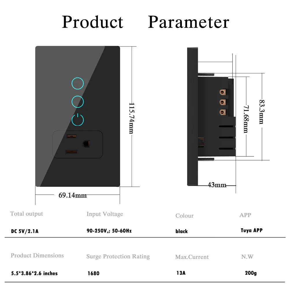 Wifi Smart Tuya Light Switch Stairs Mexico US Wall Socket American Plug Outlet Intelligent Glass Panel Remote Alexa Google Home