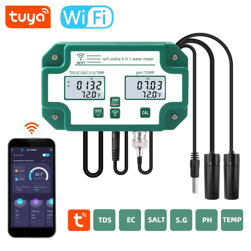 6 in 1 Tuya WiFi Water Quality Tester PH/Total Dissolved Solids/EC/SG/Salt/Temp Testing Meter Digital Water Quality Analyzer