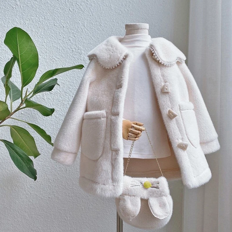 New Fashion Spring Autumn Warm Faux Fur Coat For Girls Jacket Easter Cute Rabbit Plush Princess Outerwear 3-10 Year Kids Clothes