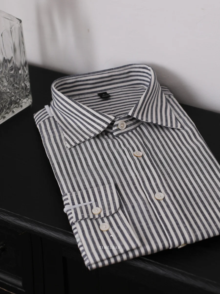 

Elegant Gentleman's Linen Shirt Casual Business Commute Breathable Slim Fit Striped Shirt Fashionable Urban Style Long Sleeve...