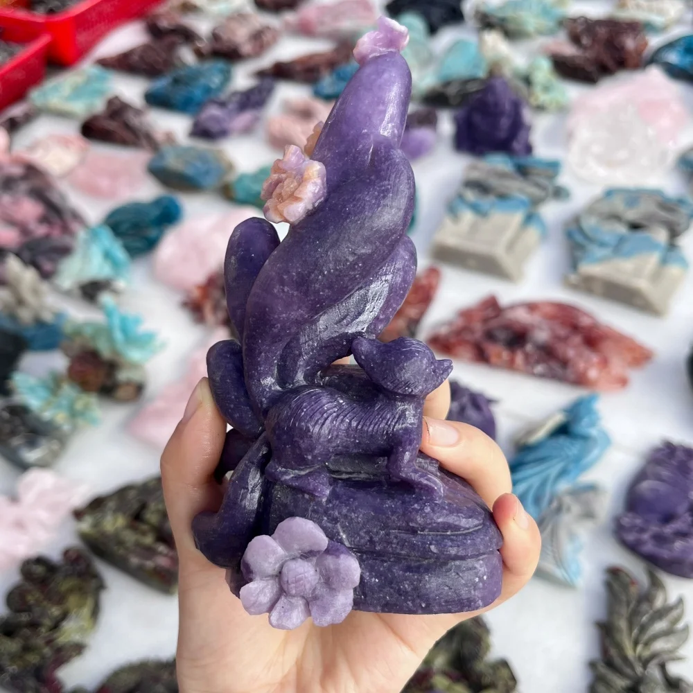 Natural Purple Mica Nine-Tailed Fox Crystal Animal Figurine Small Flower Carving Healing Stone Desktop Ornament