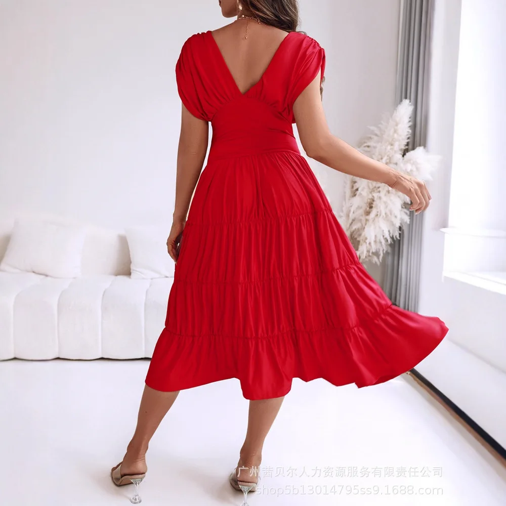 Women Long Loose Maxi Textured V Neck Sleeveless Ruched Ruffles Hem Dress Casual Waist A Line Party Midi Dress