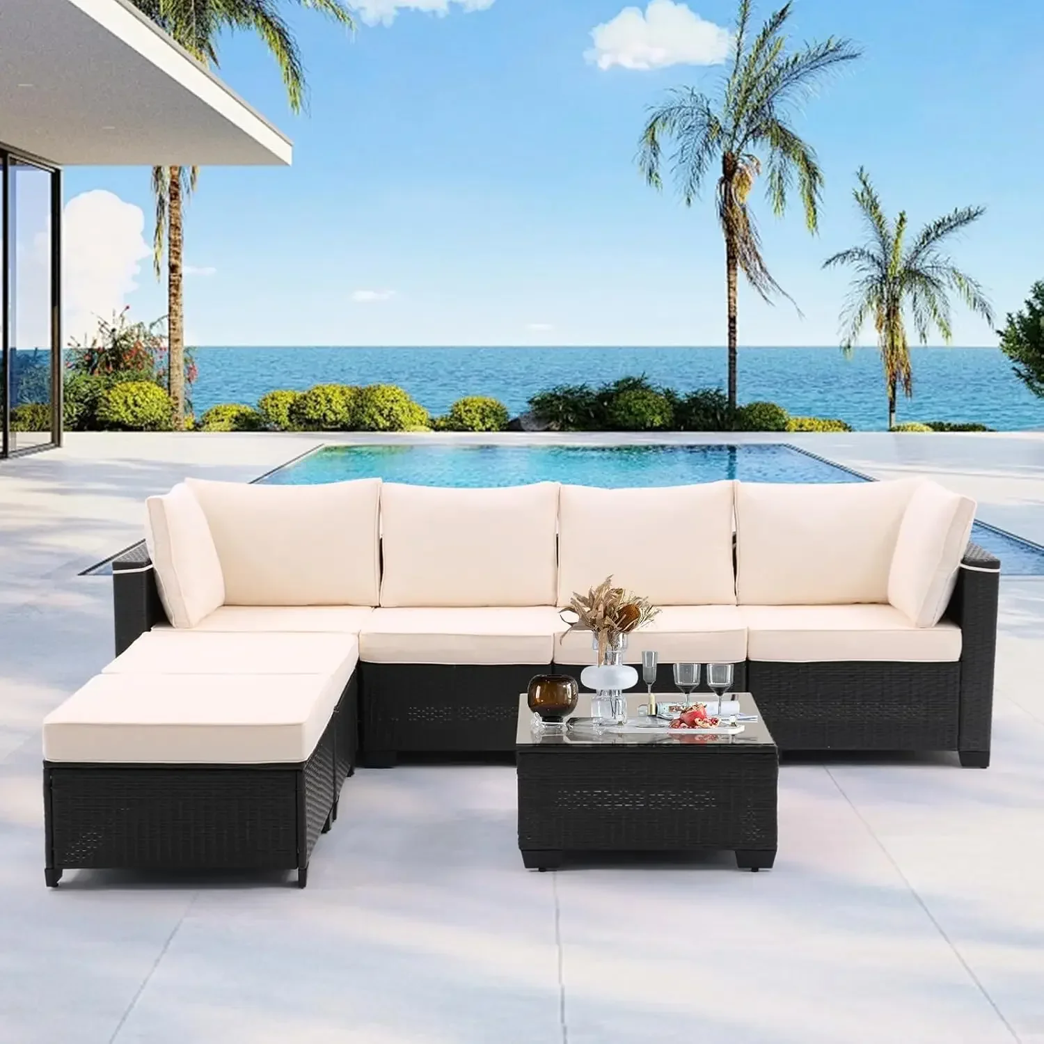 Outdoor Patio Furniture Set, All-Weather Rattan Sectional Sofa Wicker Conversation Set with Cushionfor Garden, Backyard,Poolside
