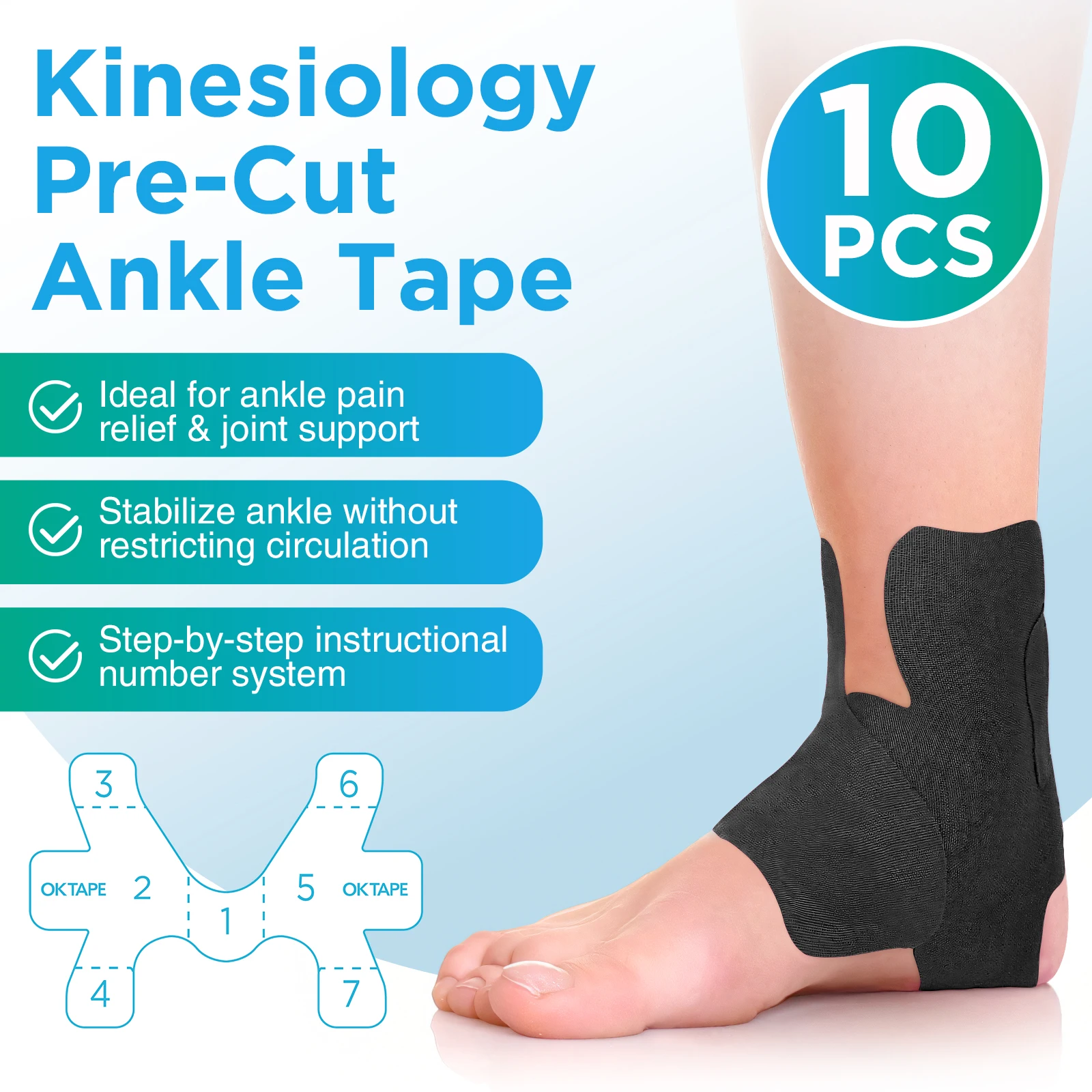 OK TAPE 10 Pcs Precut Kinesiology Ankle Tape, Pain Relief, Prevent Ankle Sprain, Elastic Athletic Tape Provide Support