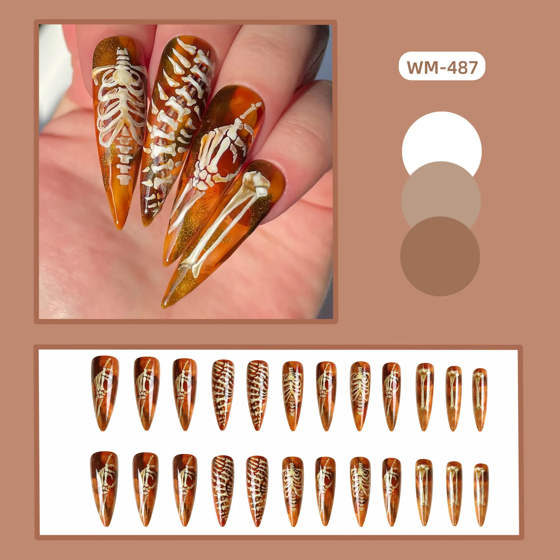 24pcs Halloween Gothic Press On Nails Tortoise Shell Skeleton Bone Print Glitter Fake Nail Long Almond False Nail for Women&Girl
