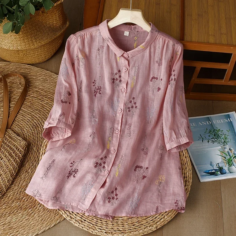 

Embroidery Chinese Style Women Blouses Summer Cotto Linen Tops Loose Short Sleeve Clothing Sales Korean Women's Shirts