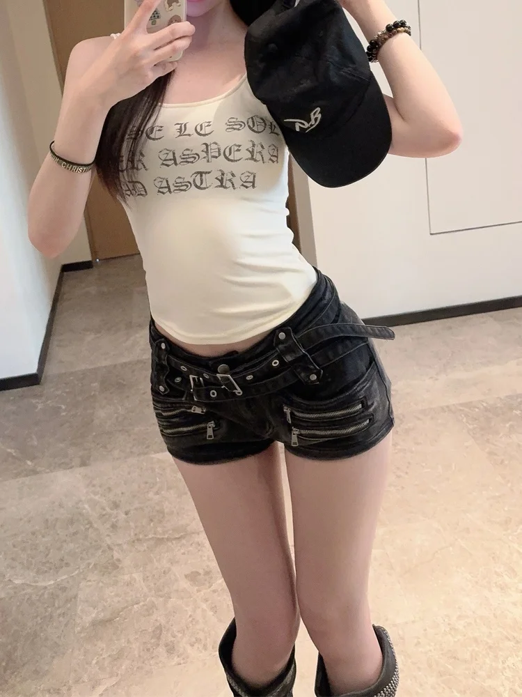 

American Style Low Waist Splicing Work Pants Women's Retro Y2K Millennium Style Super Short Shorts Zipper Splicing Jeans