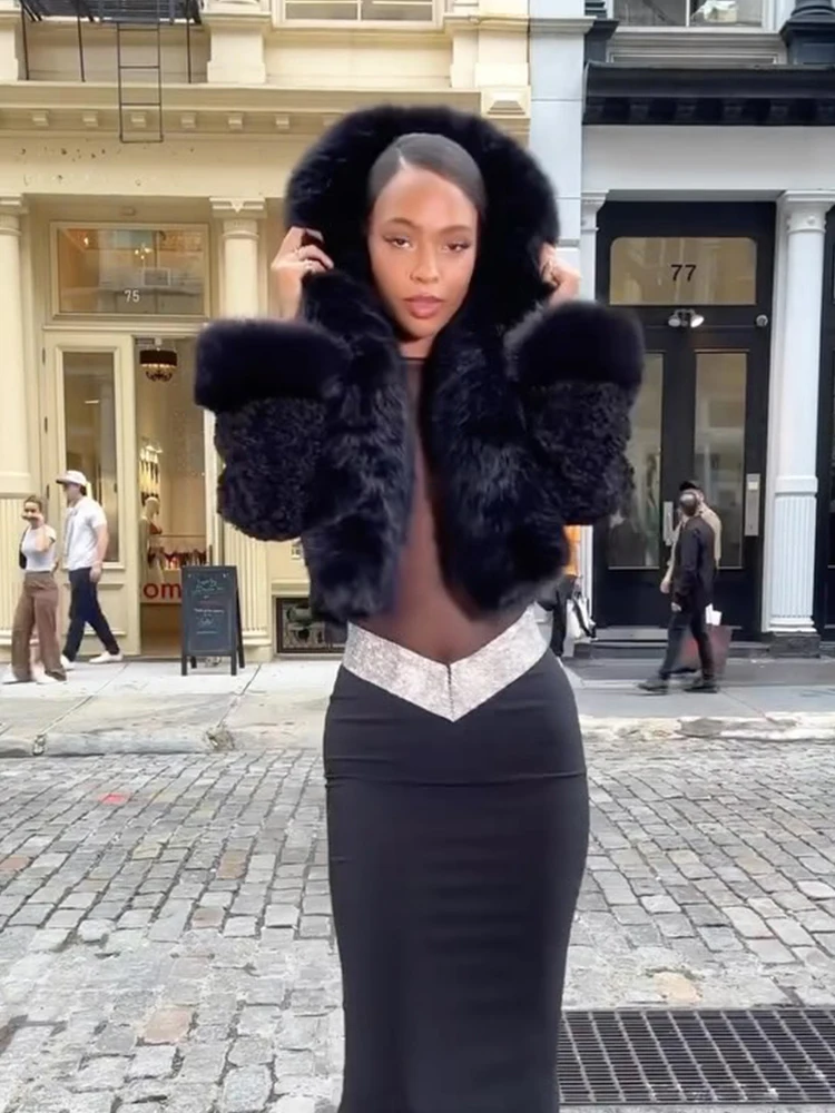 

Chic Solid Fake Fur Women Short Coat Lapel Collar Full Sleeves Hooded Loose Thicken Mini Coats Lady Warm Party Street Outerwears