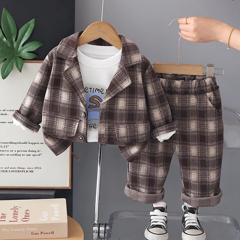 Baby Boy Boutique Clothes Toddler Spring Outfits 2026 New 1-5T Korean Casual Plaid Suit Coat + White T-shirts + Pants Boys Suit