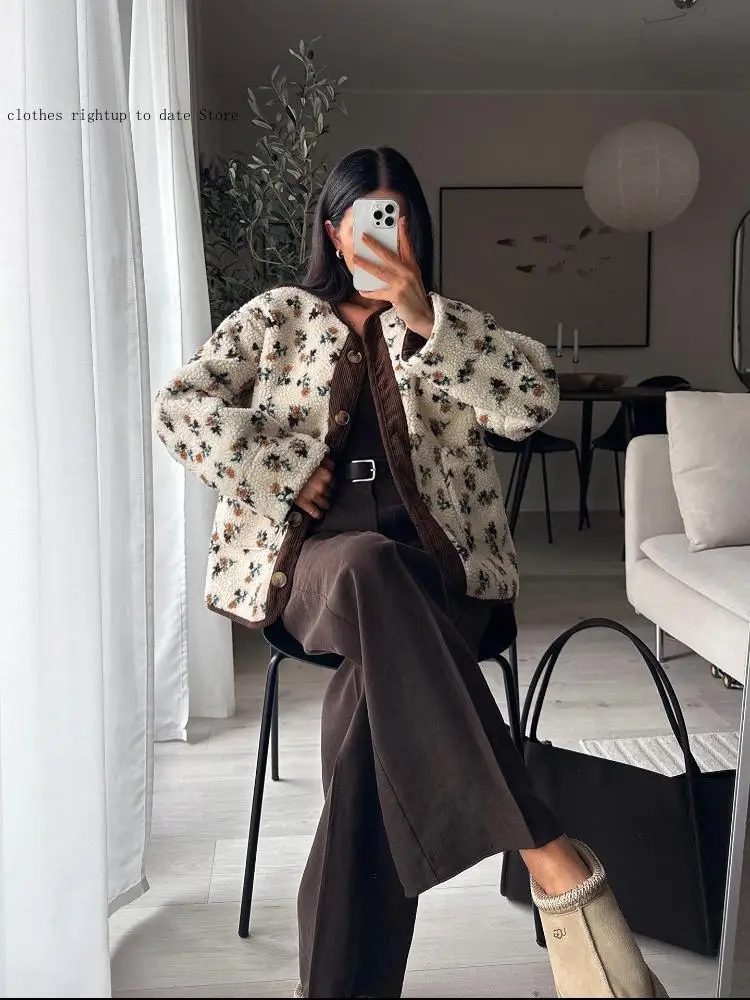 Ležérní kulatý výstřih s jedním řadovým zapínáním na kapsy, volné bundy, dámské denní dojíždění, kancelářský kabát, dámská tištěná krátká fleecová bunda - náhled 4