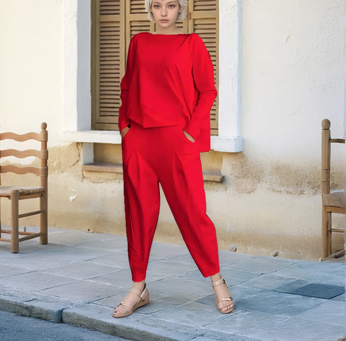 2024 Autumn/Winter New Cross border Foreign Trade Women's Clothing Solid Color Round Neck Long Sleeve Set Women's Pocket Pants L image 2