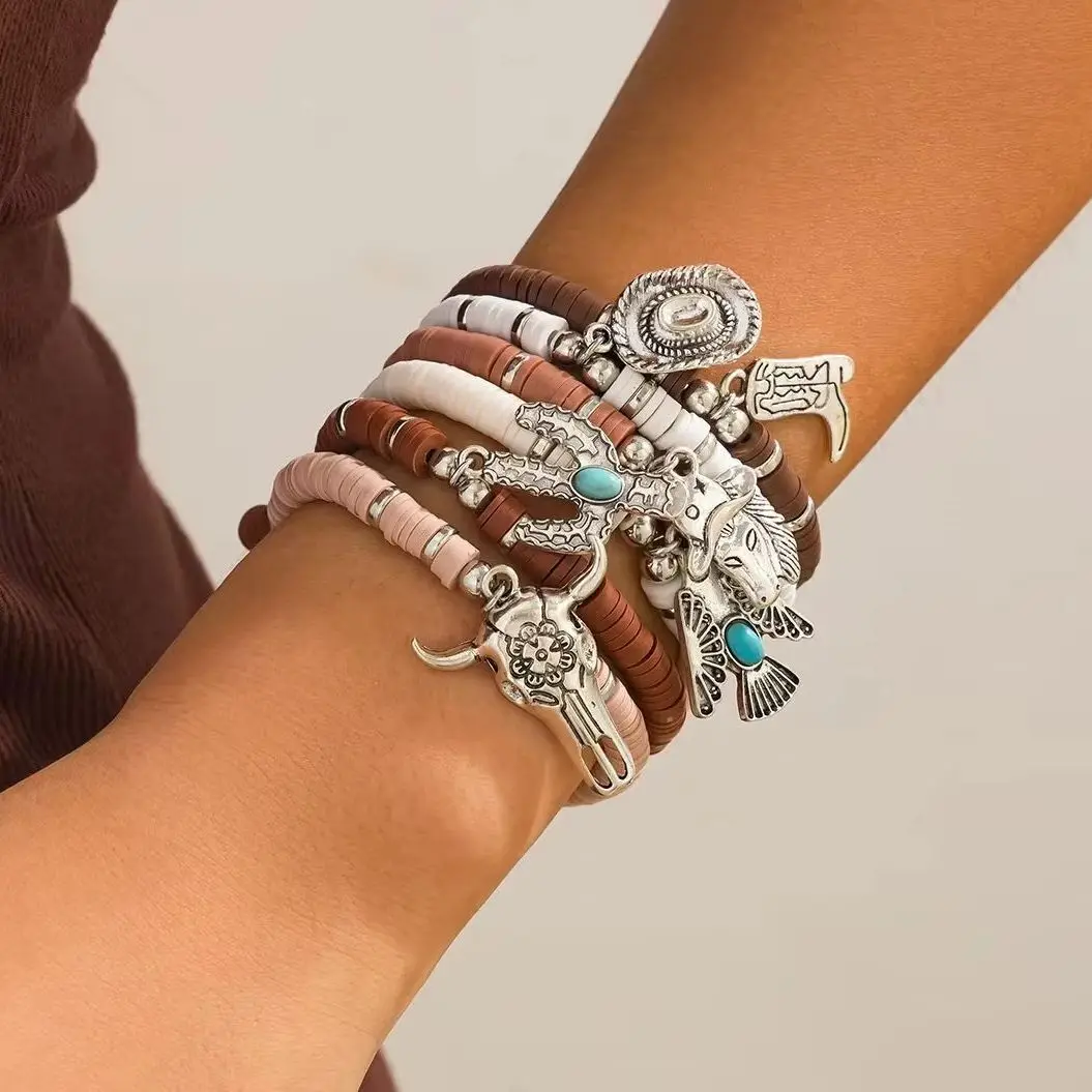 KunJoe 6Pcs/Set Ethnic Cowboy Hat Cactus Bull Head Pendant Charm Bracelet for Women Vintage Colorful Polymer Clay Beaded Bangles
