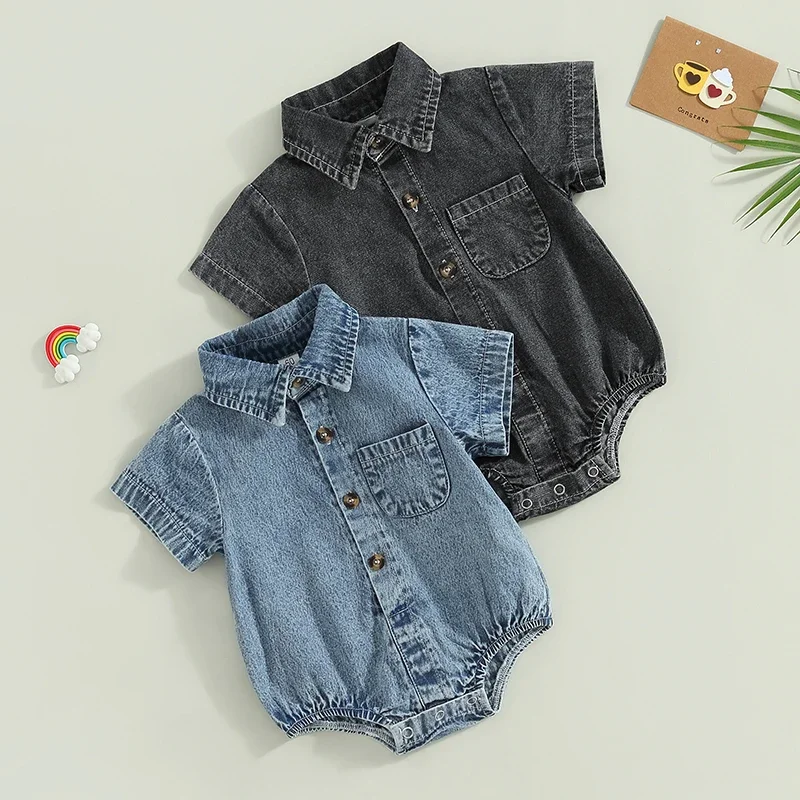 Infant Boys Girls Denim Romper Solid Color Short Sleeve Turn-Down Collar Baby Jumpsuits Summer Buttons Casual Jeans Bodysuits