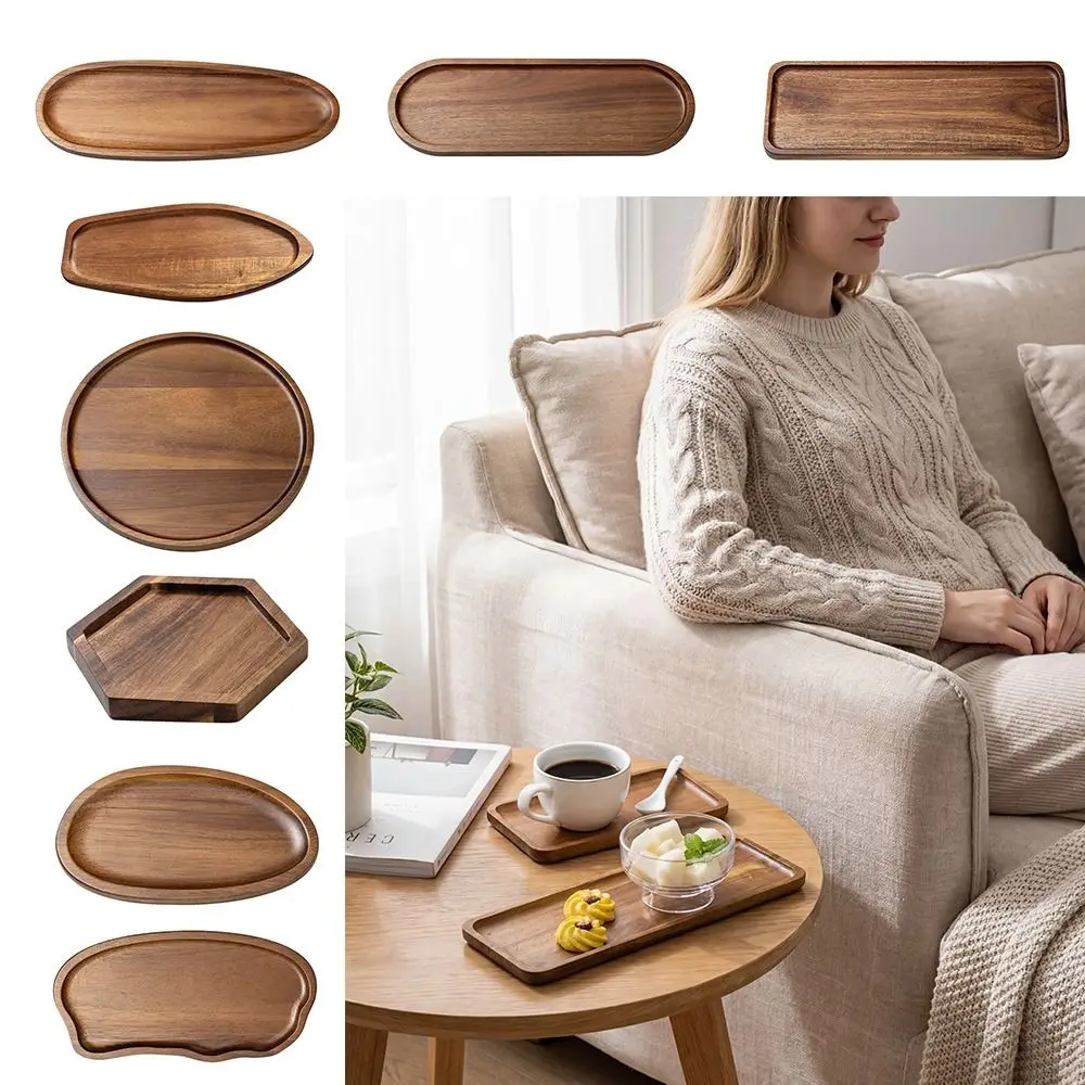 Eco-Friendly Acacia Wood Tea Tray Coffee Heat Resistant Wooden Tray Plate Japanese Style Tableware Dessert Plate Cafe