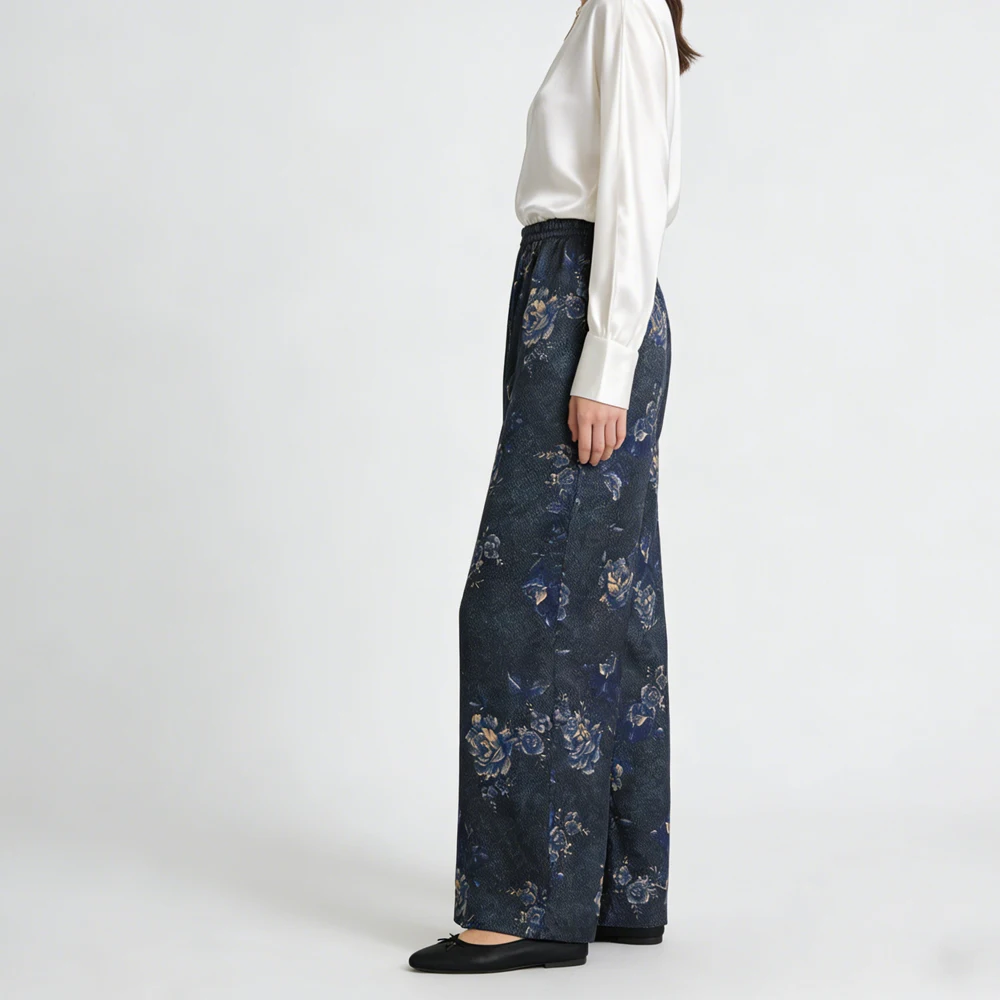 2026 Women's Fashion Spring Clothing 100% Natural Mulberry Silk Fragrant Cloud Yarn Denim Blue Printed Casual Straight-leg Pants