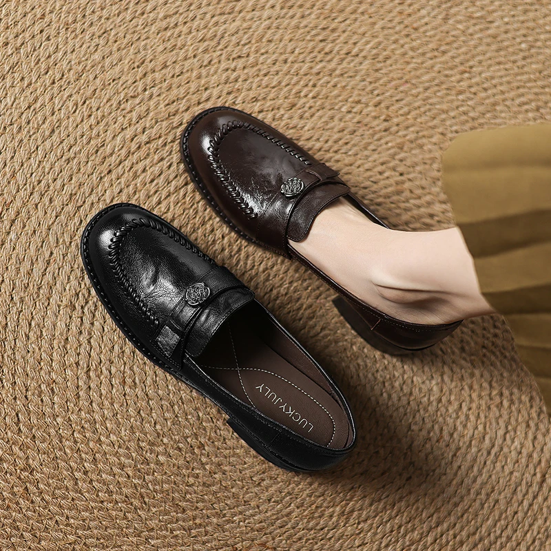 2026 new spring summer women pumps natural leather 22-25.5cm sheepskin+pigskin round toe thick heel loafers women shoes fashion