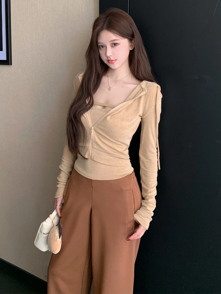 Spicy Girl Style Commute Casual Hooded Open Cardigan Jacket Top Vest Loose Wide Leg Straight Tube Long Pants Three Piece Set