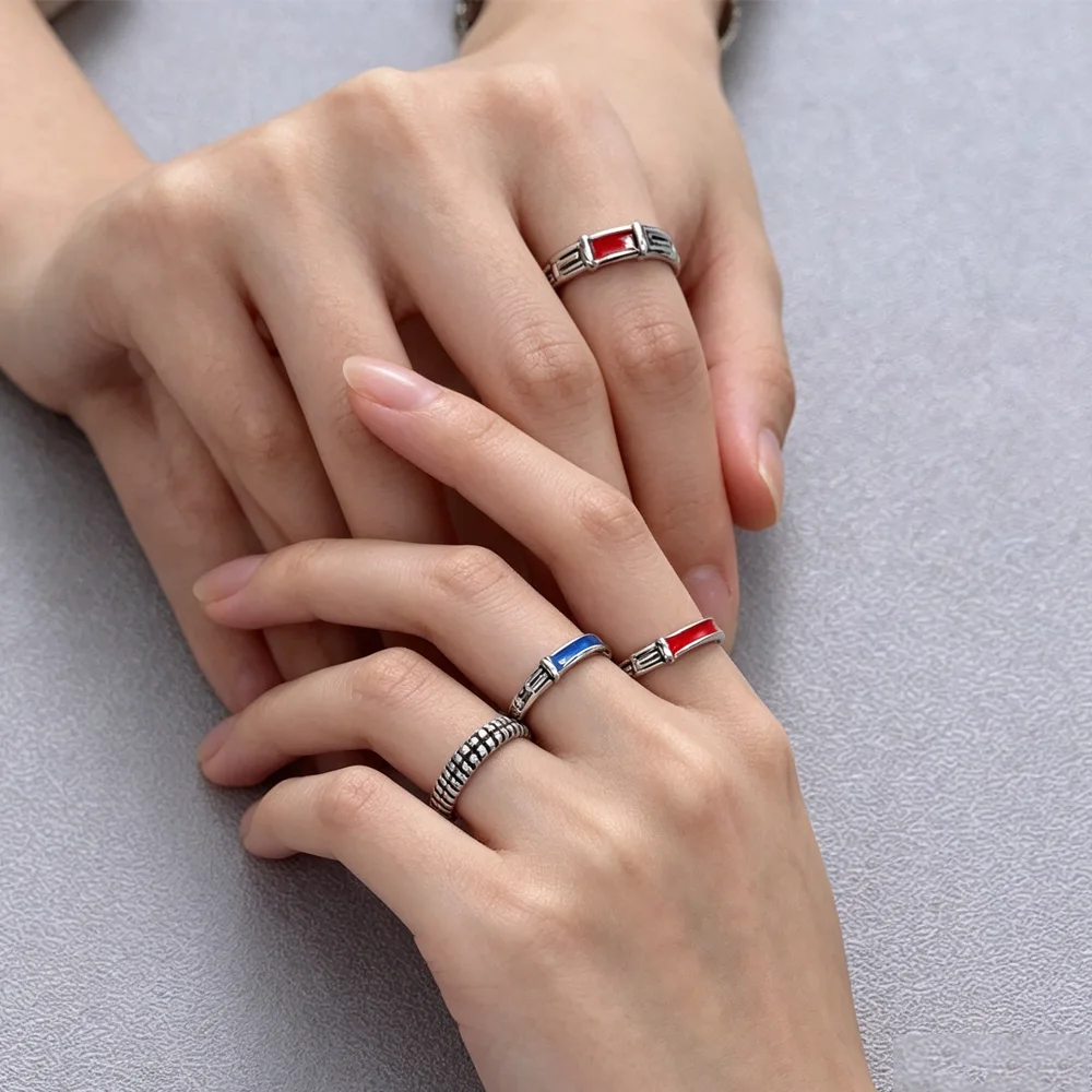 Catuni Hot Sale Vintage Silver Enamel Couple Rings Red Blue Punk Biker Band Rings Gothic Jewelry Gift For Men Women