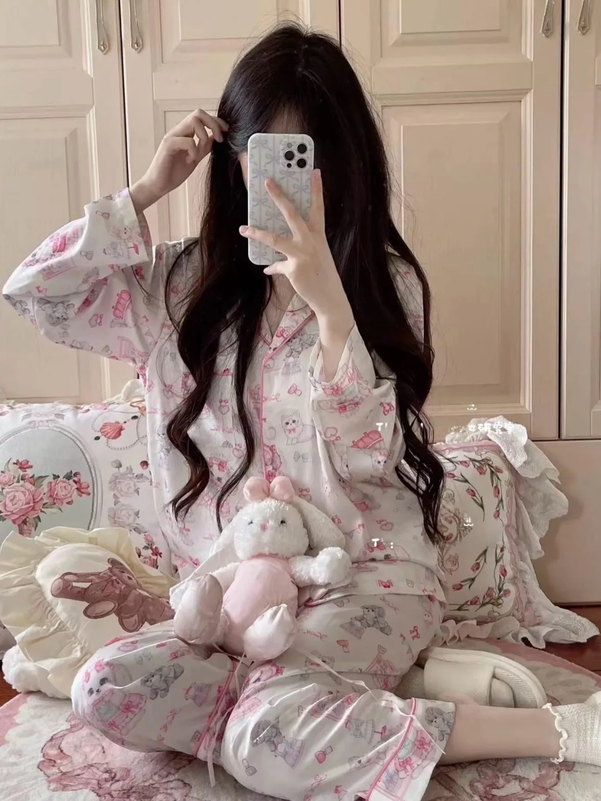 Miubby Sweet Cartoon Print Ice Silk Sleepwear Set Short Sleeve for Girls Party Anime  And Dog Design Summer Home Clothes