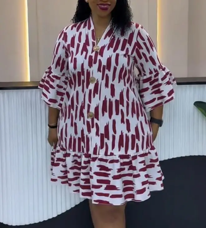 

Women's Dress Summer New Style Elegant and Fashionable Casual Geometric Print Metal Buttons Ruffle Edge Splicing Loose Dress