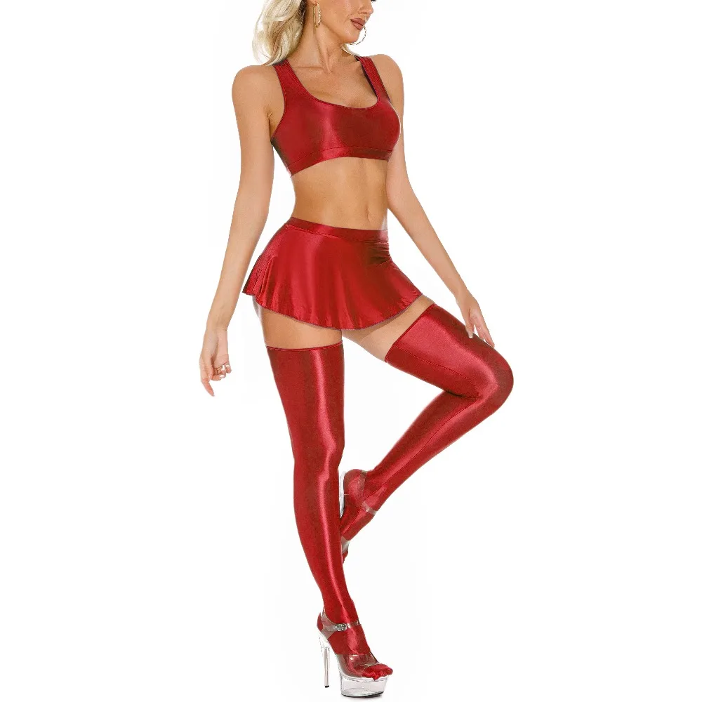 

Sexy Glossy Ultra-thin Mini Skirts + Crop Tops Mini Vests + Stockings Women's Clothing Set Performance Pole Dance Costumes Set