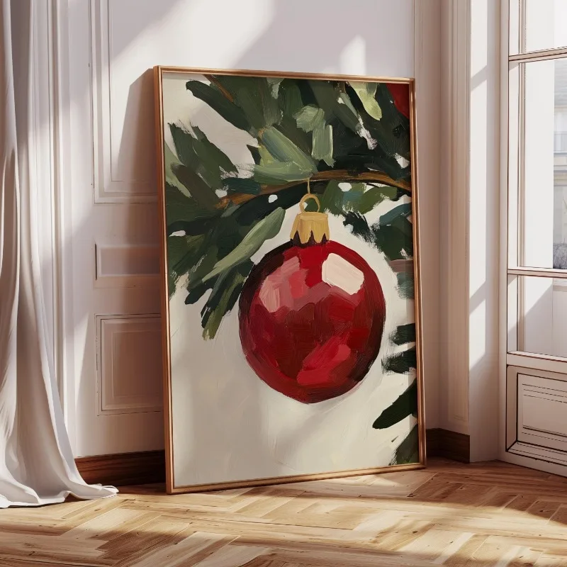 Vintage Red Christmas Bauble Canvas Wall Art Pine Branch Classic Winter Festive Xmas Holiday Wall Print Unframed Canvas Poster