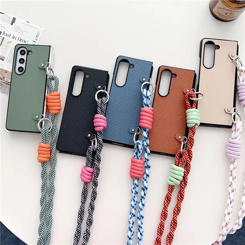 Solid Leather Pattern Phone Case For Samsung Galaxy Z Fold 3 4 5 5G Lanyard Protective Cover Fold3 Fold4 Fold5 Shell