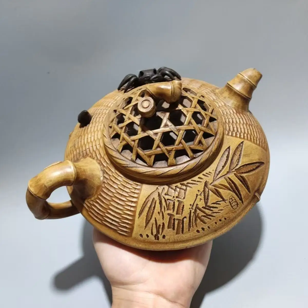 Old Chinese Handicraft Enameled YiXing Zisha (red stoneware) Teapot,Bamboo woven crab shape,with mark, Free shipping