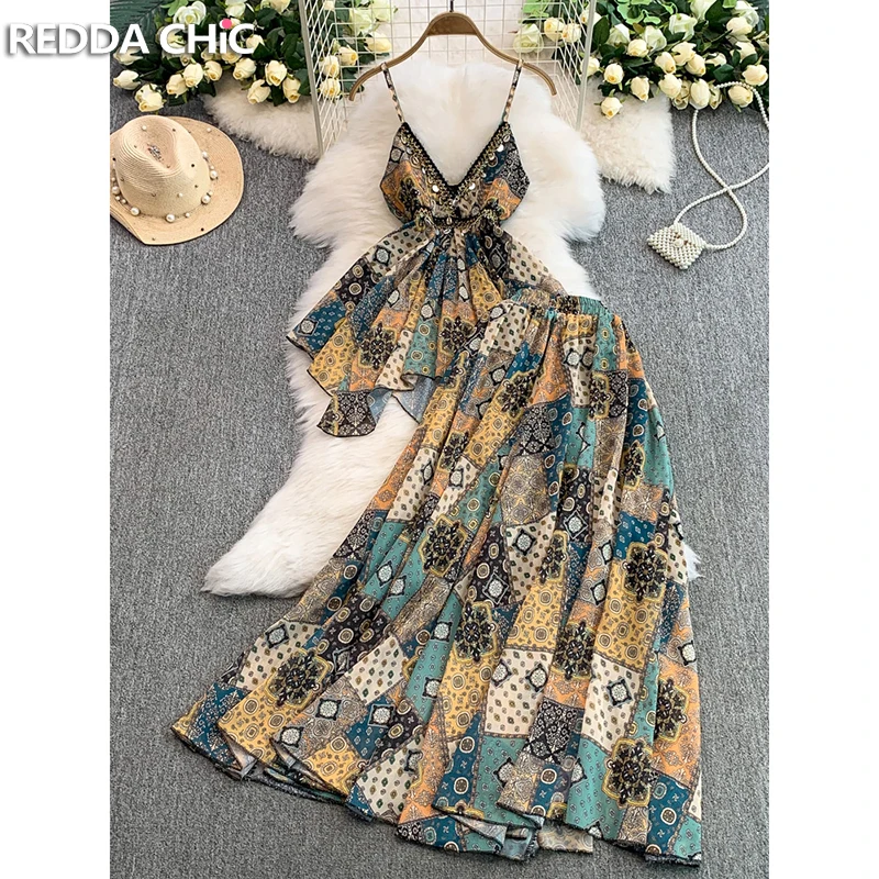 

ReddaChic Boho женский топ с юбкой, комплект с винтажным принтом, тканая бахрома, v-образный вырез, камзол, струящаяся длинная юбка, летняя каникулы, пляжная одежда