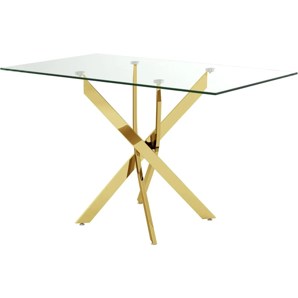 Mesa de comedor de vidrio templado con patas cromadas, 47 mesas de cocina rectangulares modernas para comedor, cocina, dorado