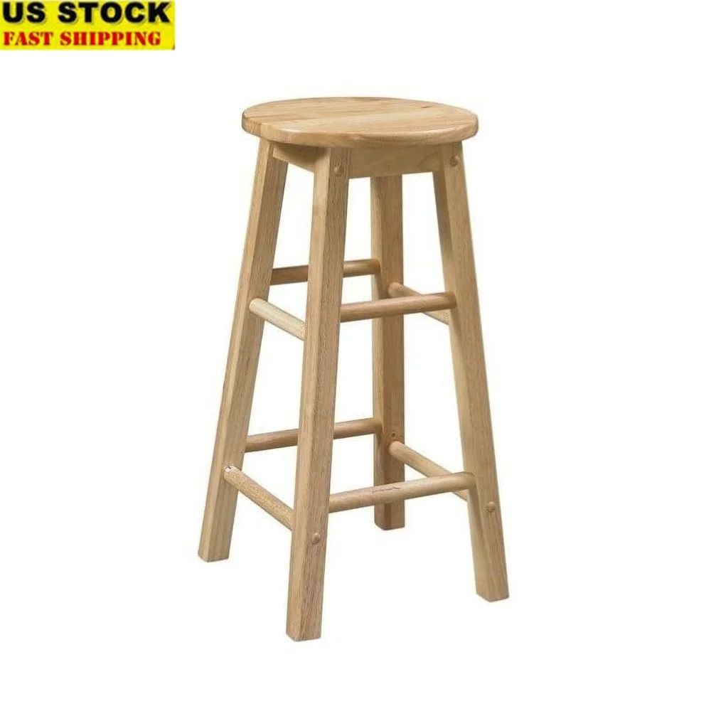 Natural Brown Rubberwood Backless Round Counter Stool 24 Inch Height Ergonomic Footrests Sturdy Design Kitchen Bar Dining