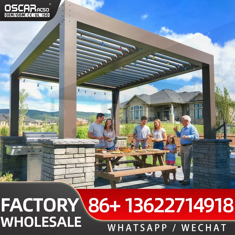 Customizable Motorized Bioclimatic Pergola in Classic Brown Aluminum 4x2 to 5x6m Size Range for Gazebo Pavilion pergola