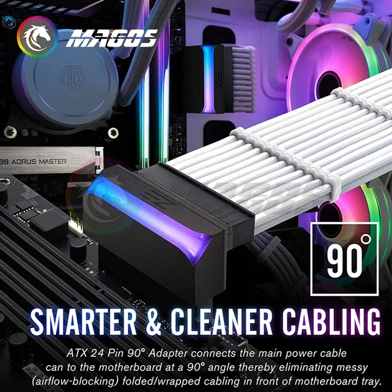 

24-контактный адаптер блока компьютера ATX 90 ° Угловой разъем RGB, умнее управление рулевой головкой и очиститель для менеджмента кабелей, M/B 5V ARGB SYNC