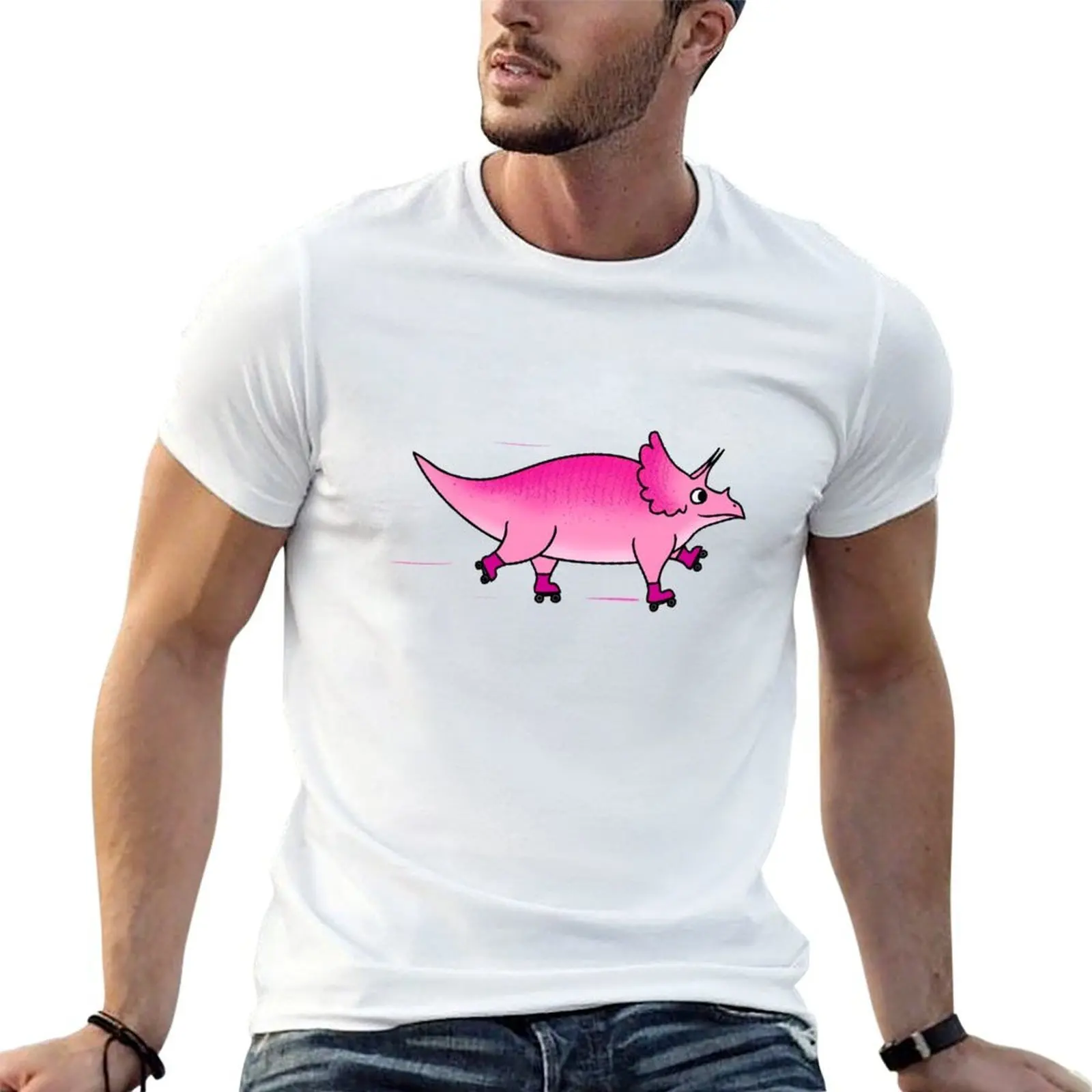 Pink Rollerskating Triceratops T-Shirt t shirts for man cotton t shirt man cotton t shirt for man 100 percent cotton T-shirt
