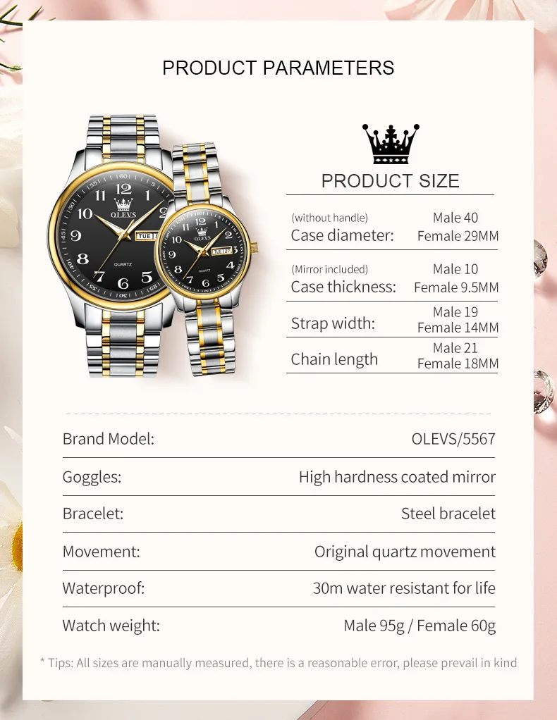 OLEVS 5567 Reloj de pareja Simple Clásico Esfera digital grande Calendario dual Reloj de pulsera de cuarzo de negocios resistente al agua para hombres y mujeres