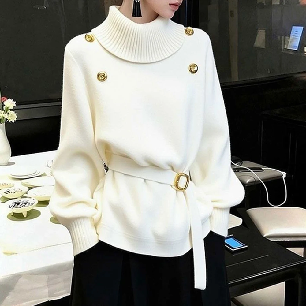 Camisola feminina 2025 novo único chique enorme boa aparência cintura rendas temperamento branco gola alta malha topo inverno