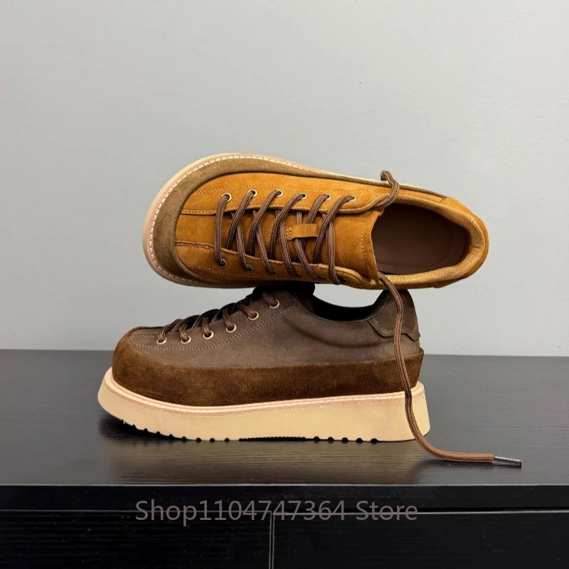 Men Retro Cow Suede Sneakers Thick Platform Sole Lace‑up Casual Shoes Male Cowhide Outdoor Walking Shoes Male Oxfords