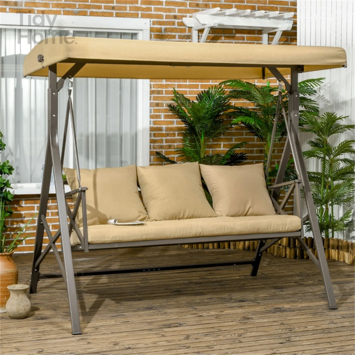 

3-Seat Outdoor Porch Swing, Khaki Swing Chair Canopy, Outdoor Patio Shade Cover, Sun Protection Deck