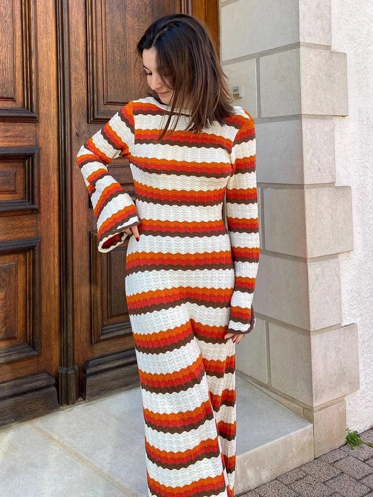 Fashion Knitted Crochet Stripe Maxi Dress Women Elegant Horn Sleeve Beach Dress Female Holiday Evening Party Chic Long Dresses