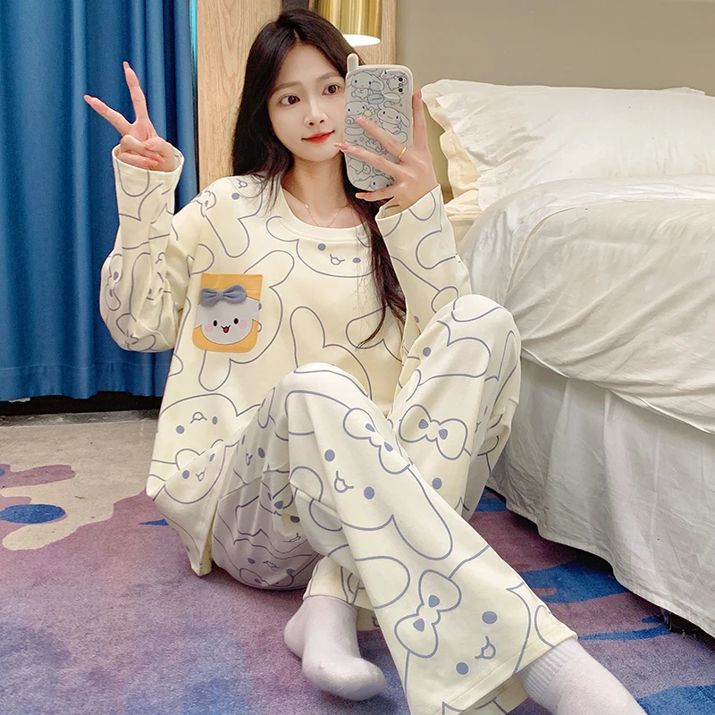 Piżama damska wiosenna i jesienna cienka z nakładkami na klatkę piersiową kreskówka urocza można nosić na zewnątrz spodnie z długimi rękawami strój codzienny