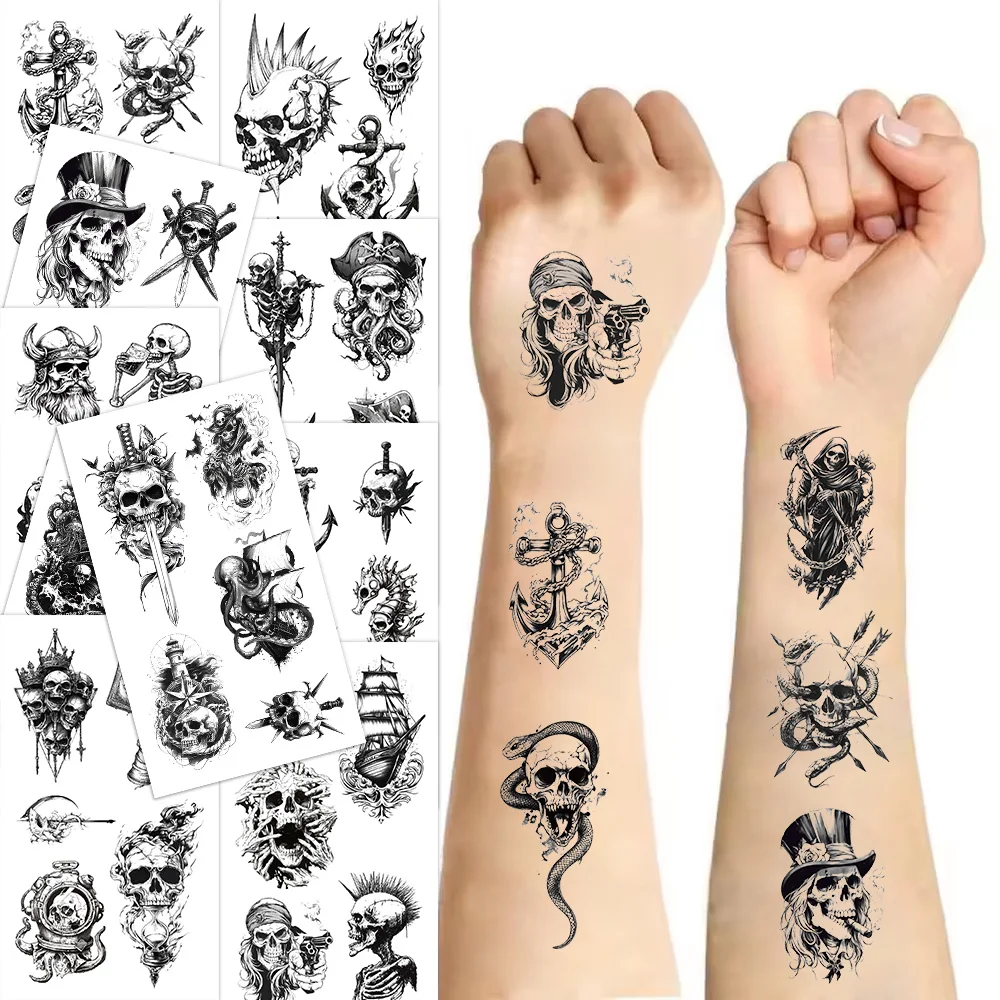 10PCS Pirate Skull Tattoo Sticker Skull Head Fake Tattoo Personalized Retro Tattoo Waterproof Durable