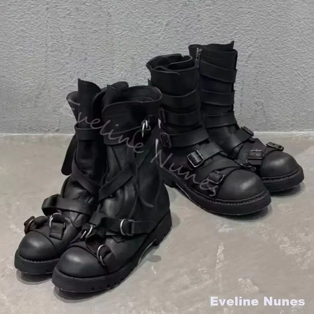 Vintage Distressed Hiking Boots Men/women Platform Round Toe Belt Buckle Chunky Heel Mid Calf Boots 2026 New Fashion Knight Boot
