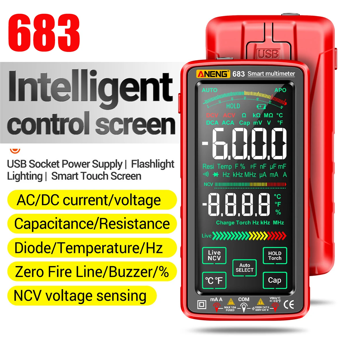 ANENG 683/681 Smart Digital Multimeter Rechargeable Capacitance Meter Hz Ohm Diode Tester 6000 Counts AC/DC Measuring Tools