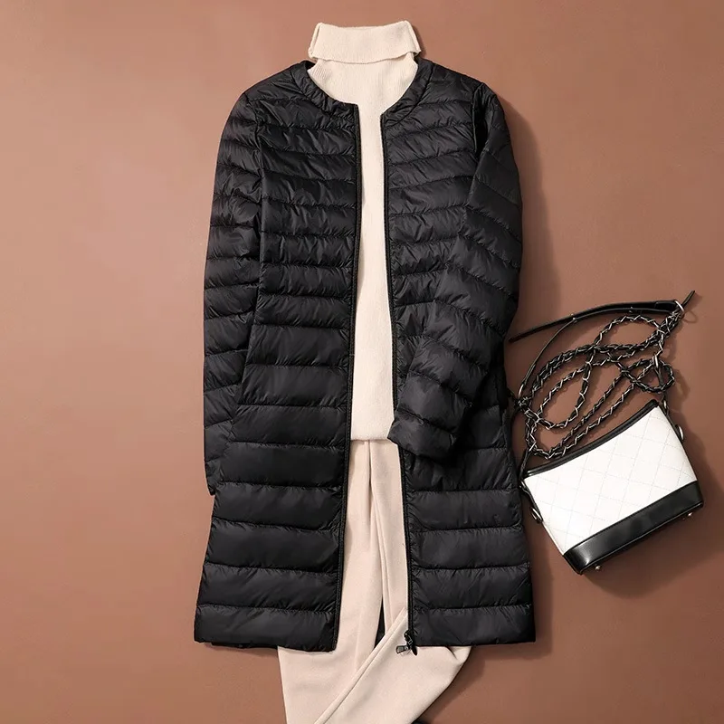 0-10℃ 2024 New Autumn Winter Ultralight Women Long Duck Down Coats Korean Style O-Neck Feather Lining Collarless Puffer Outwear