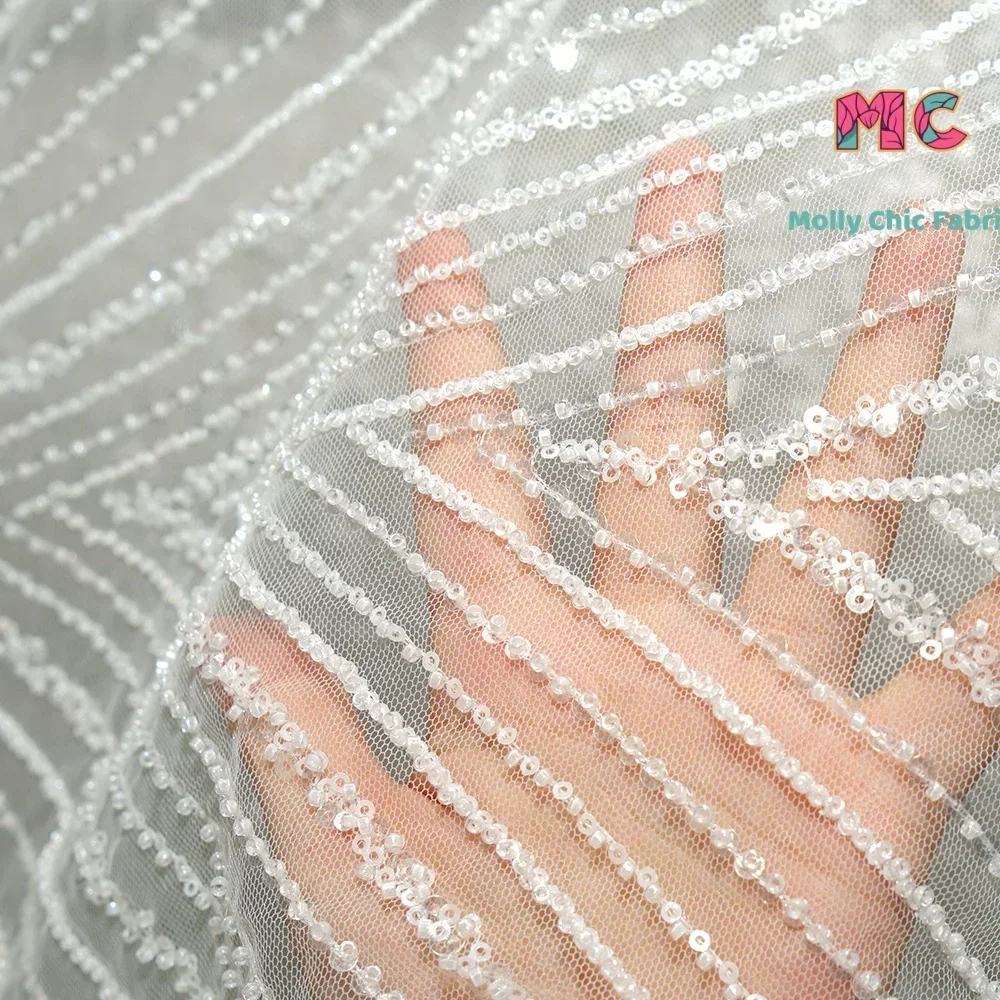 New Feather Pattern Bead Embroidery Mesh Fabric Sewing Wedding Dress And Evening Dress DIY High End Customized Clothing Fabric